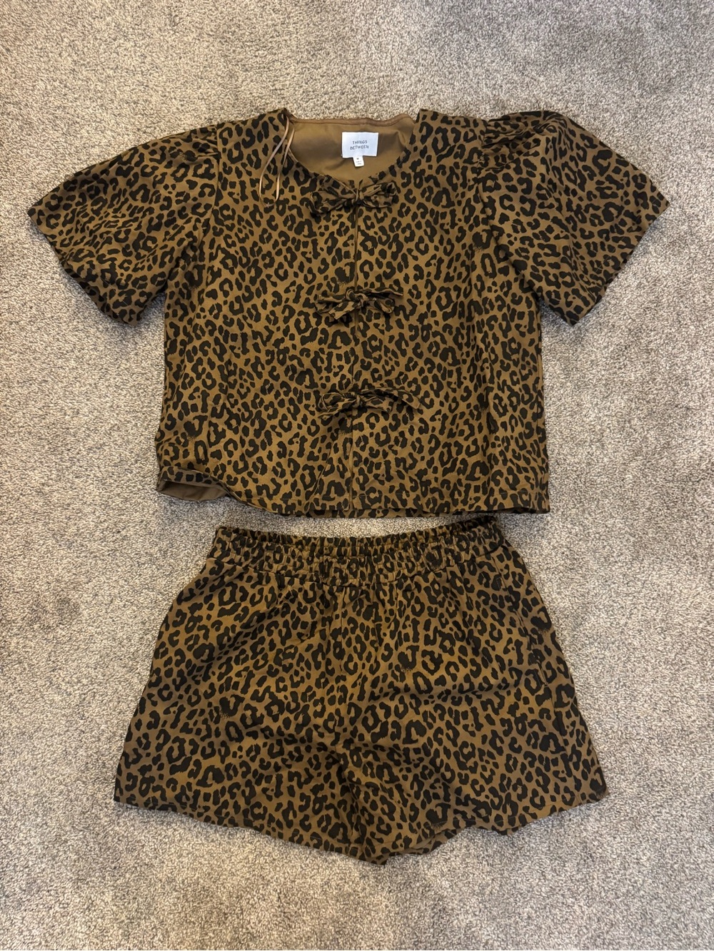 Leopard Print Short Sleeve Tie-Front Blouse Set in Brown